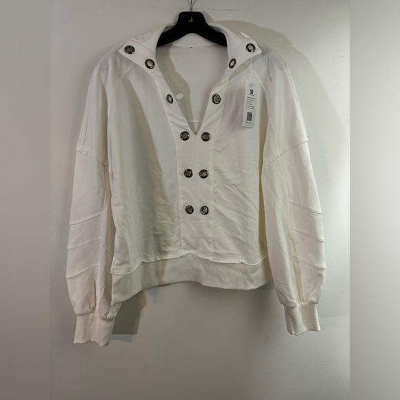 New Deep V Neck Popover Top Long Sleeve Crop Casual Pullover Metal Eyelet Front - Picture 7 of 11